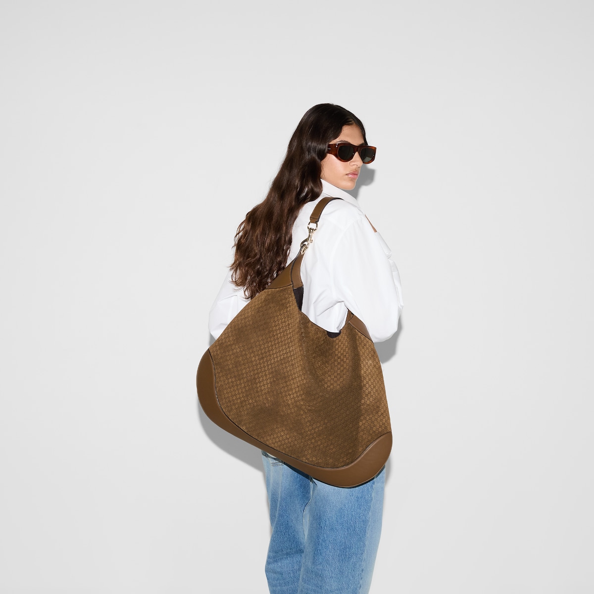 Gucci B maxi shoulder bag Brown micro GG embossed suede