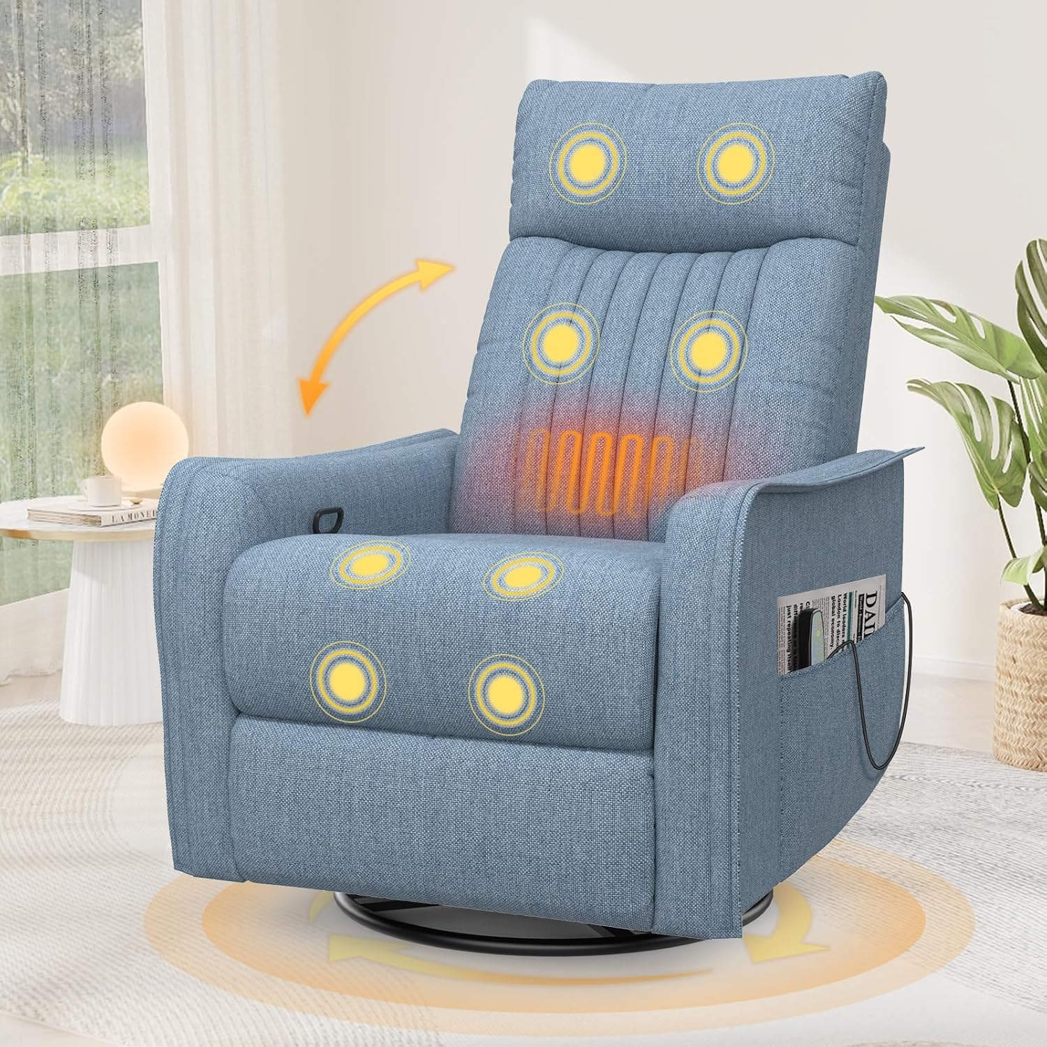 TV armchair with lounge chair. massage chair. relaxation chair with heating and massage. 360° rotating TV armchair. living room. swing chair with soft cushion headrest. 2 side pockets