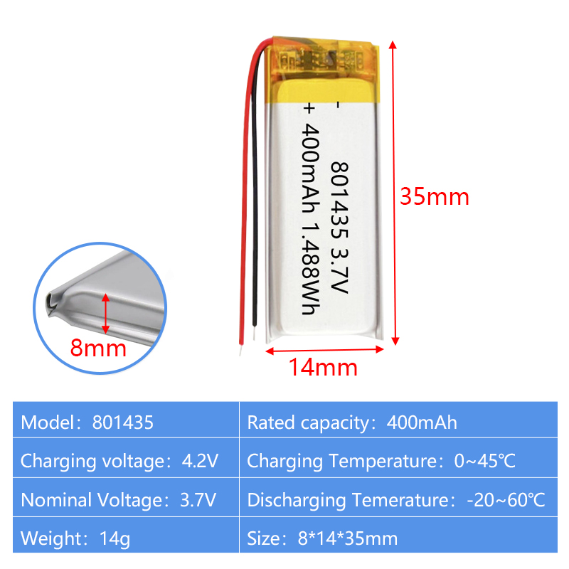 Pouch Lithium Ion Batteries 801435 802030 3.7v 400mAh 450mAh