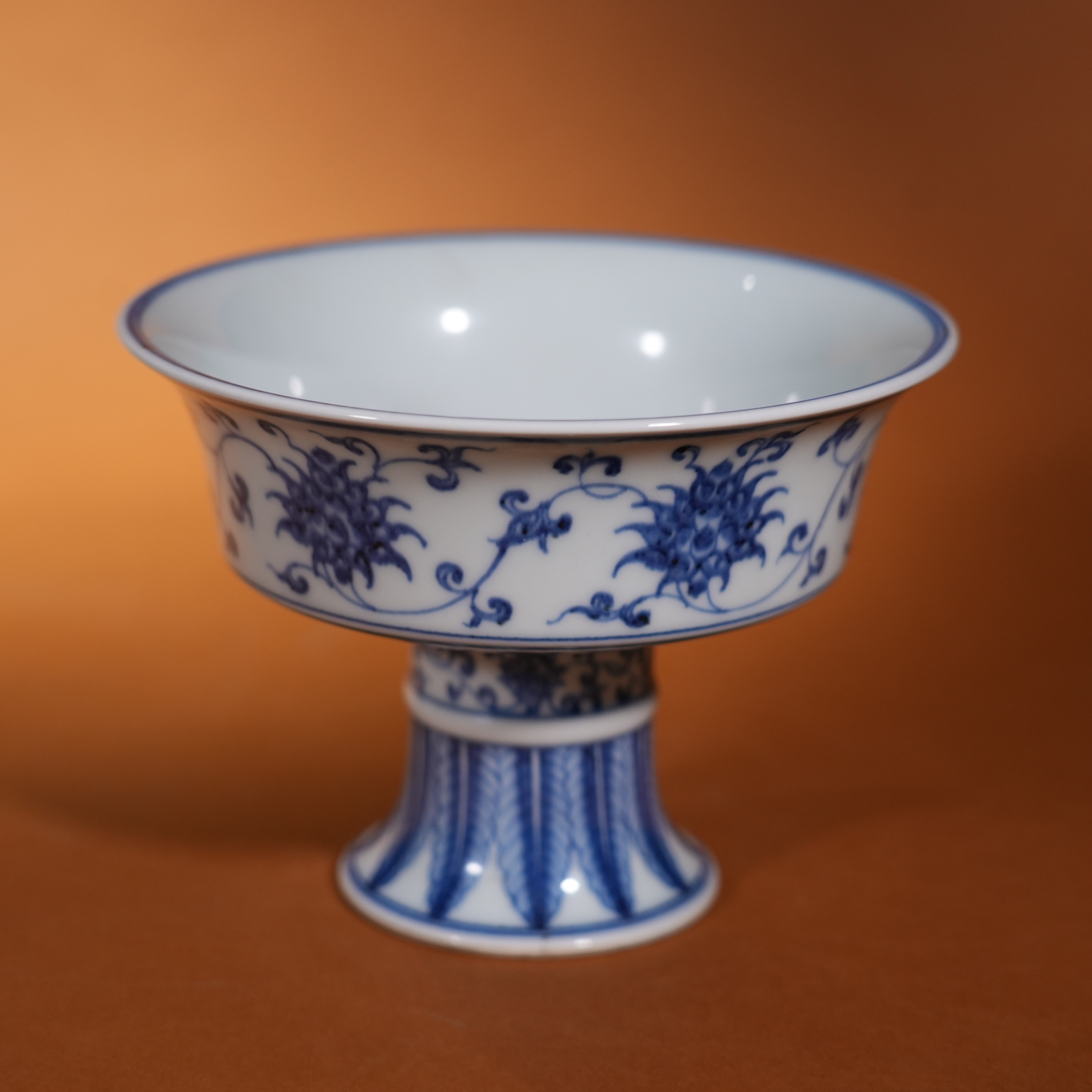 Ancient Chinese Blue and White Stem Bowl with Interlocking Lotus Motifs