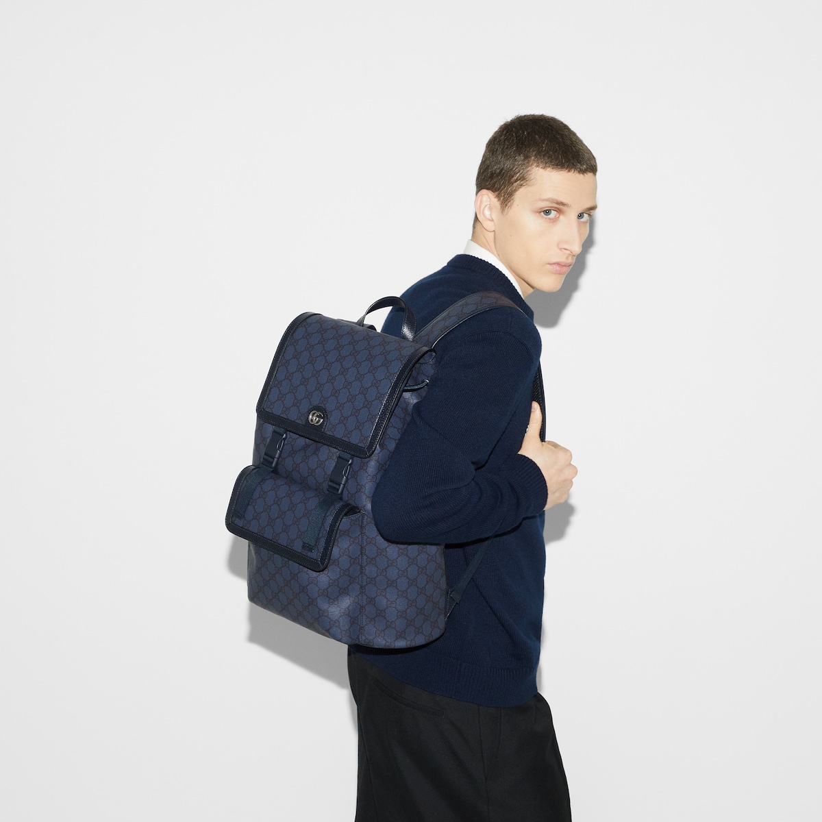 Ophidia large backpack Dark blue leather trim