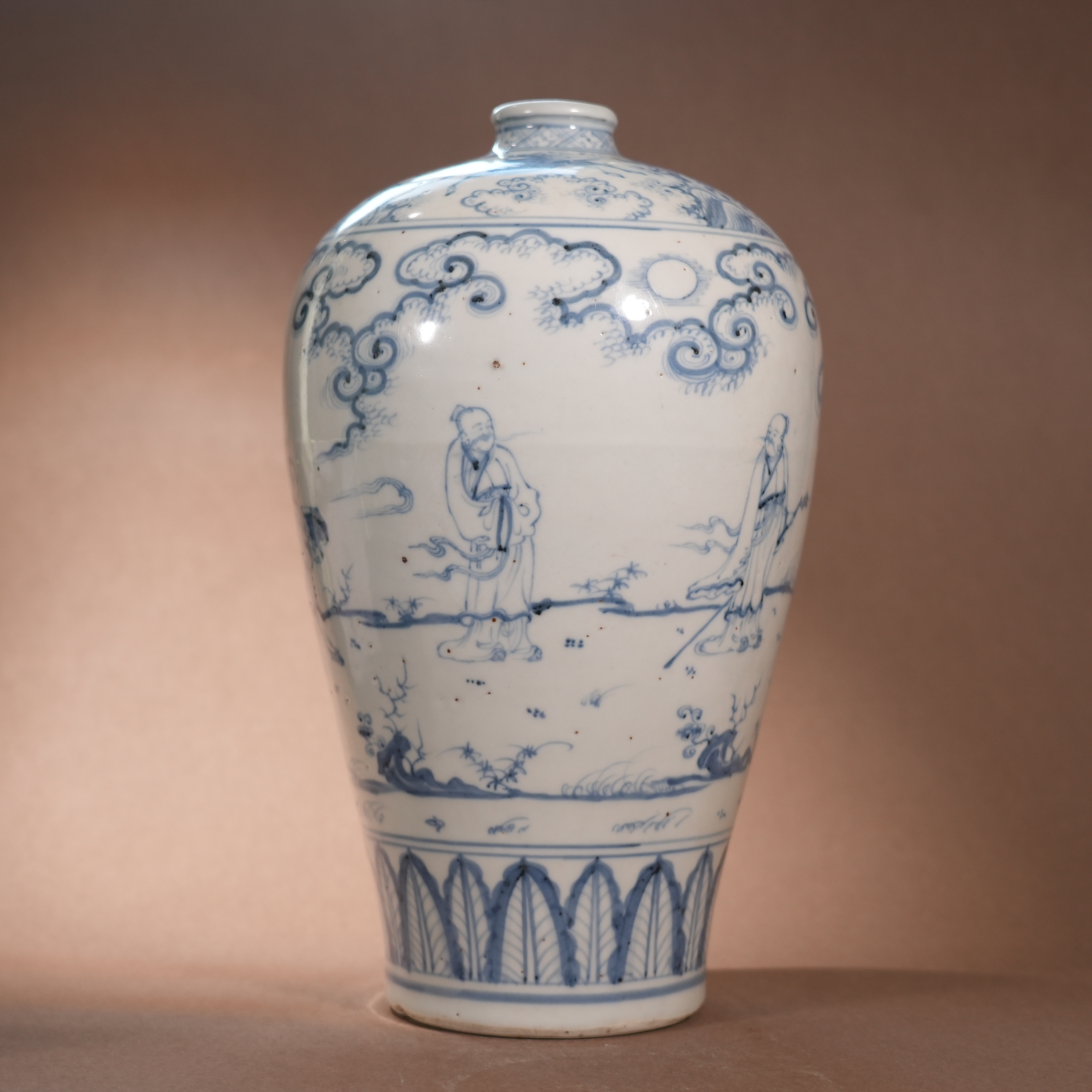 Ancient Chinese Blue and White Meiping Vase with Line-Drawn Figure Story Motifs