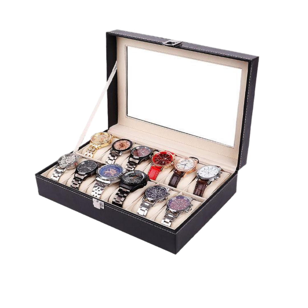 PU Leather Luxury Watch Storage Box with Transparent Skylight and Buckle Clasp Watch Display Case and Eyewear Storage Packaging Box custom logo
