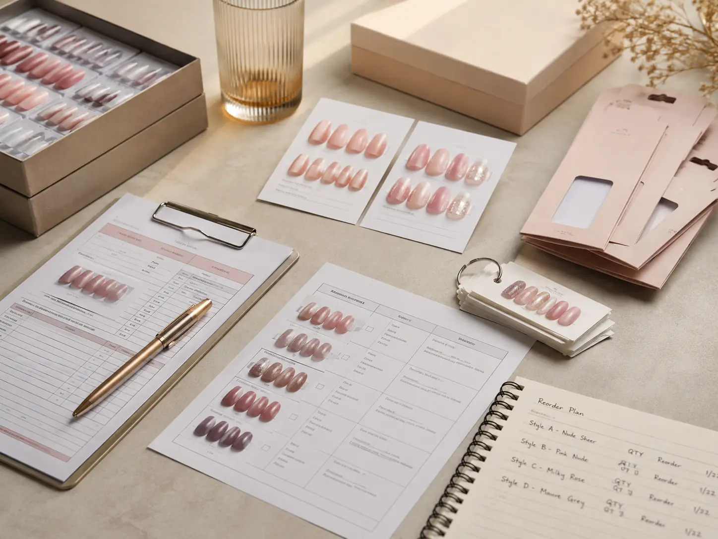 Press on nail repeat order planning with samples and product records
