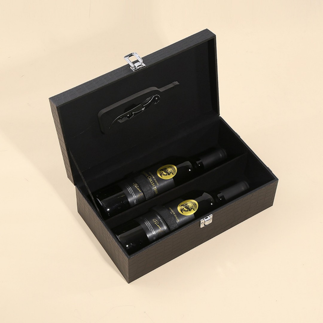 Wine Box, 2 Bottle Leatherette Top Handle with 4 Wine Accessory Travel Wine Gift Box, Handmade Premium Wine Carrier Case custom logo
