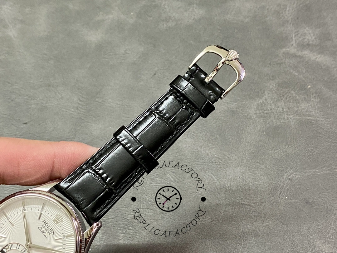Rolex Cellini Dual Time 50529 Silver Sunburst Dial Black Leather Strap 39mm Mens Replica Watch