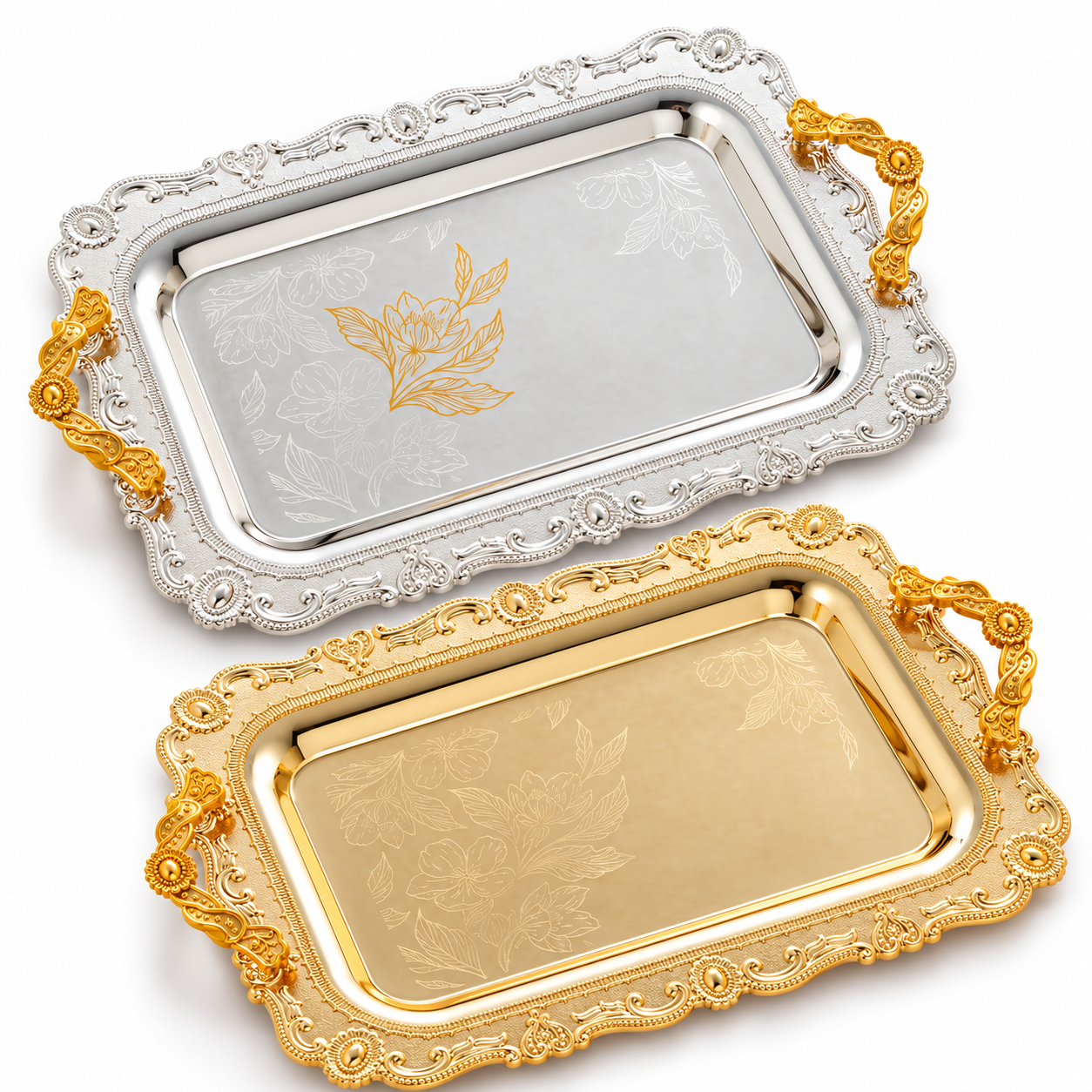 Luxury Ornate Gold Silver Serving Tray with Handles, Vintage Floral Engraved Decorative Tray, Arabic Ramadan Eid Table Decor Platter for Tea Dessert Fruit Wedding Party