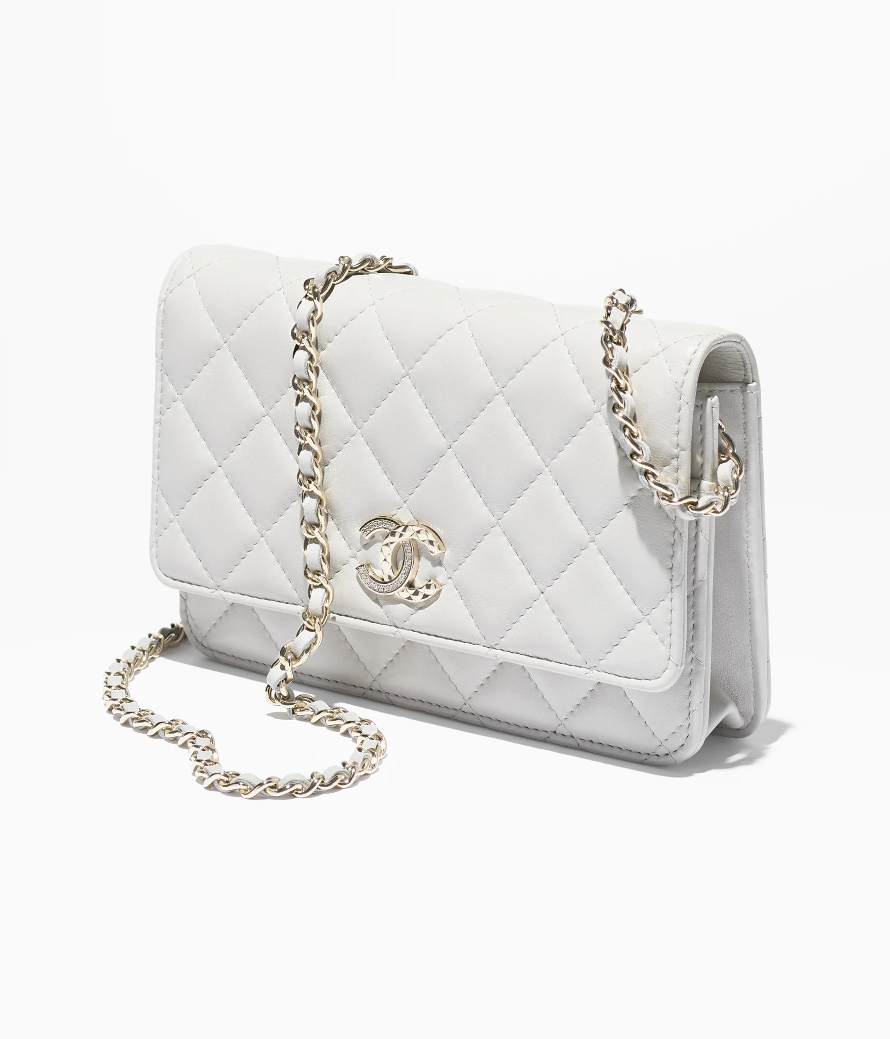 WALLET ON CHAIN Lambskin, Strass & Gold-Tone Metal Light Gray