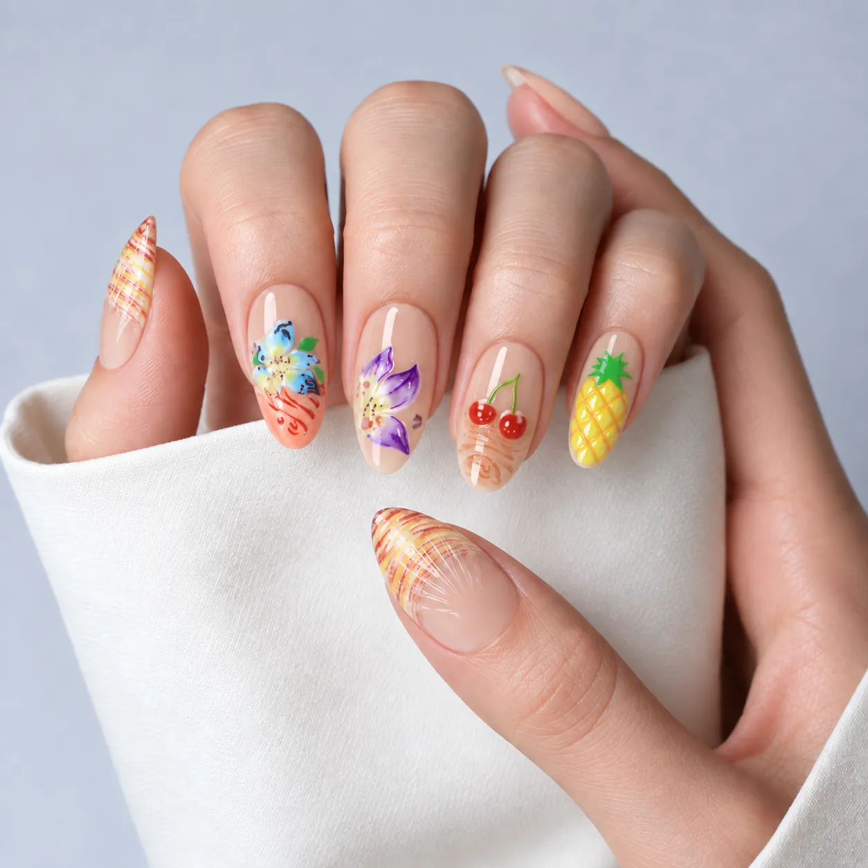 Colorful Floral Press On Nails Worn on Hand