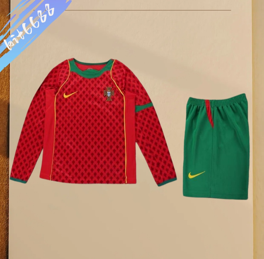 2004 Portugal home Retro long sleeves Football Shirt  Kids Kit