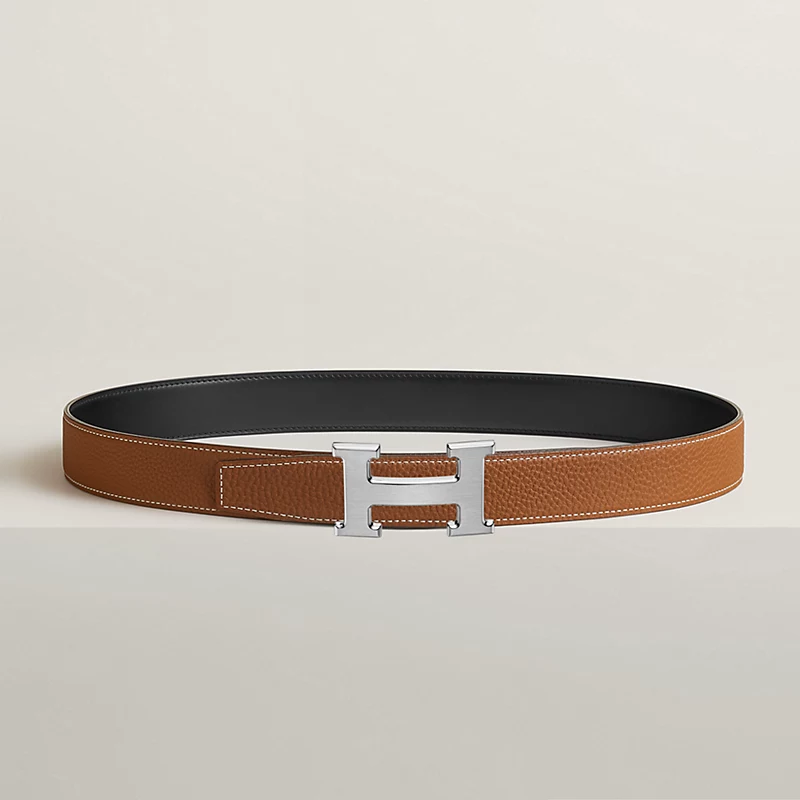 H belt buckle & Reversible leather strap 32 mm Buckle H gris moyen noir / gold