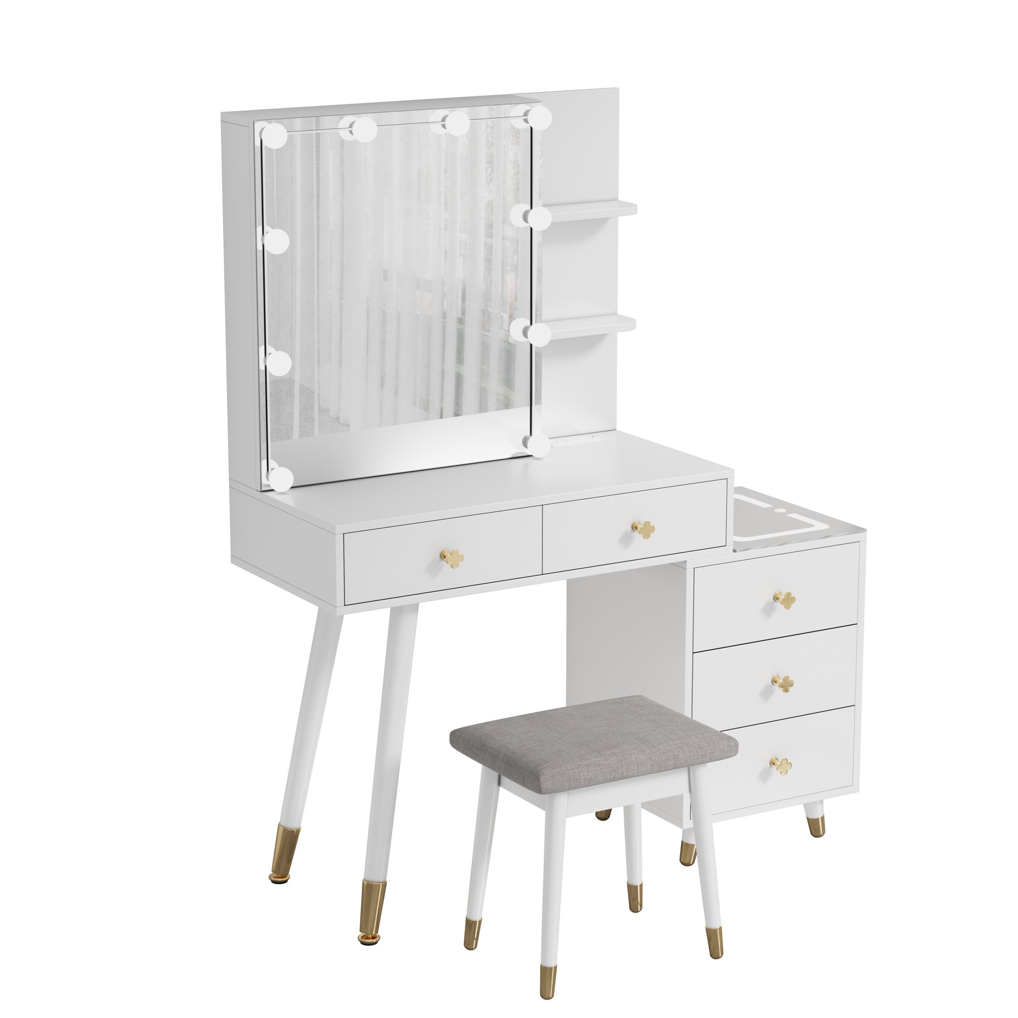 Gzxs Black Vanity Table Set with Gray Cushioned Stool. Wooden Dressing Desk with 5 Drawers.Storage Shelves.Charging Station.Three-Tone Lighting Panel. Mirrored Cabinet with 10 LED Lamps
