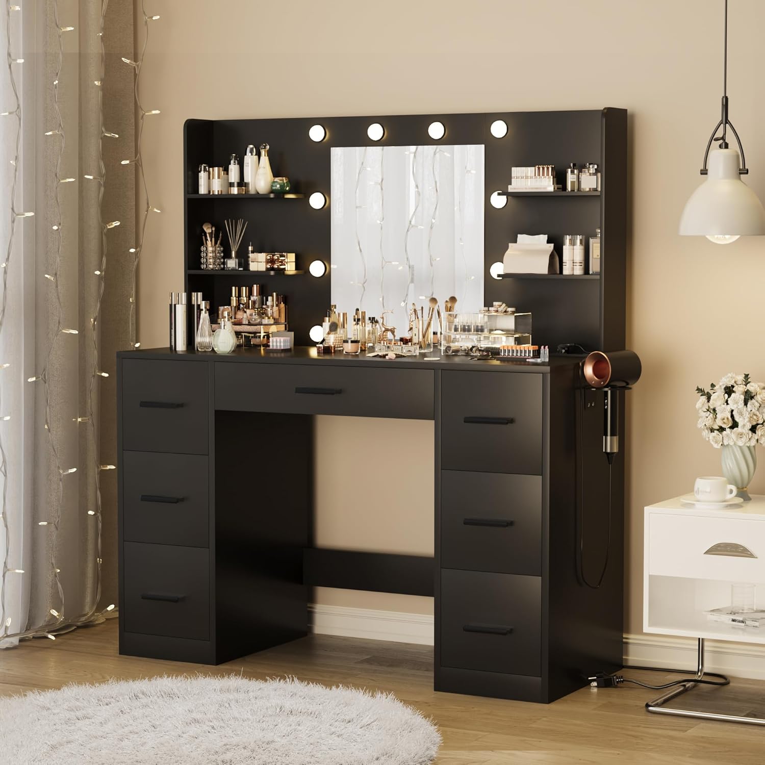Furmax Vanity Desk with Mirror. LED Lights and Power Outlet Makeup Vanity Table with 7 Drawers and 6 Storage Shelves Dressing Table for Bedroom Dressing Room (Black)