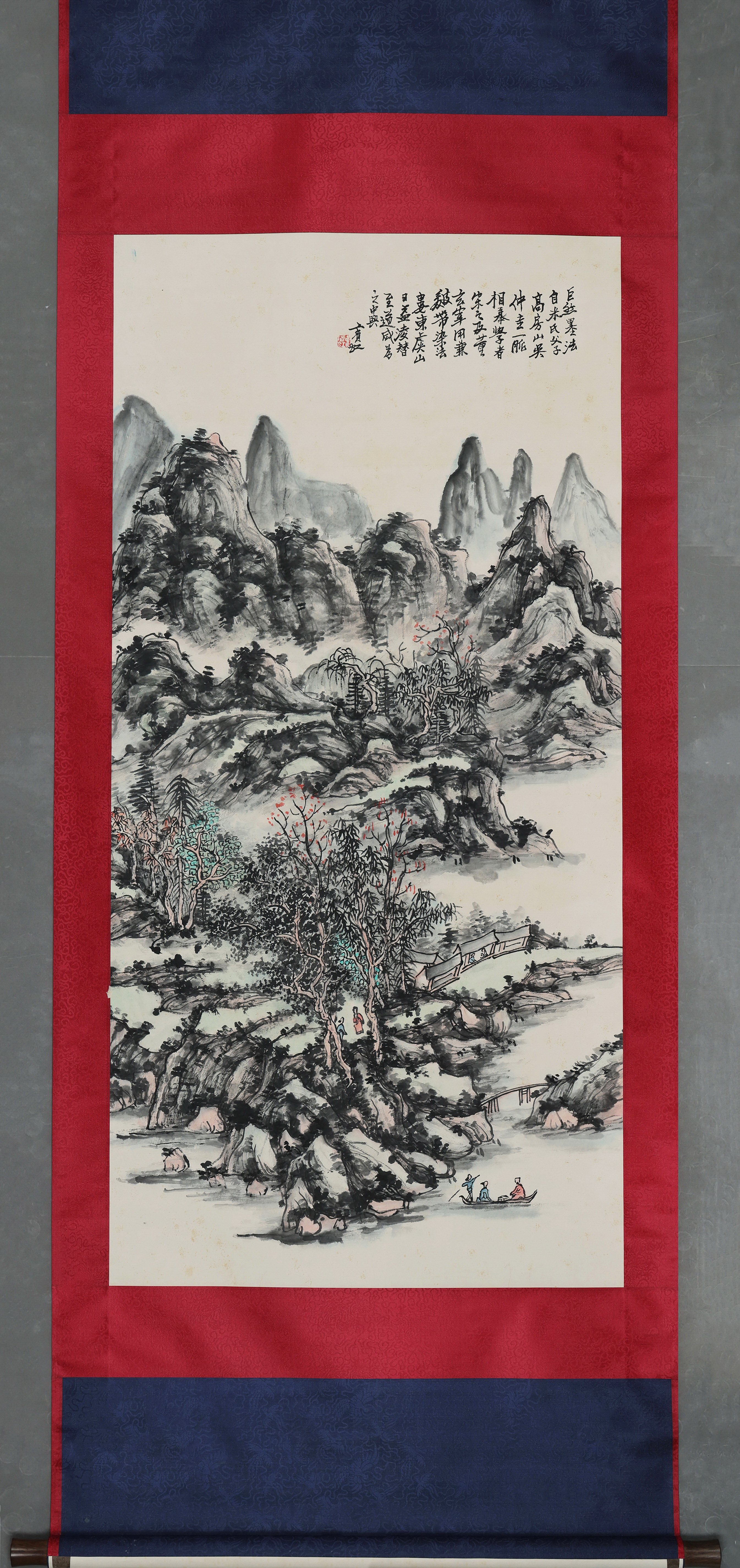 Huang Binhong Boating on Autumn River Landscape Painting, Vertical Scroll, Fine Mounted, Art Size 137×68CM
