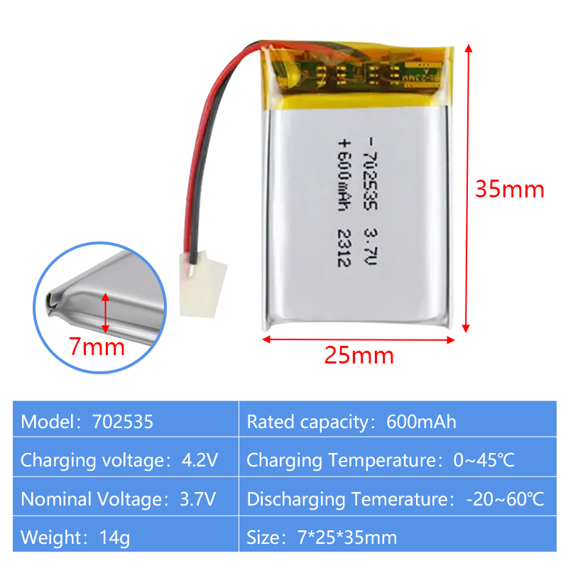 Pouch Lithium Ion Batteries 702535 751524 3.7v 600mAh 240mAh