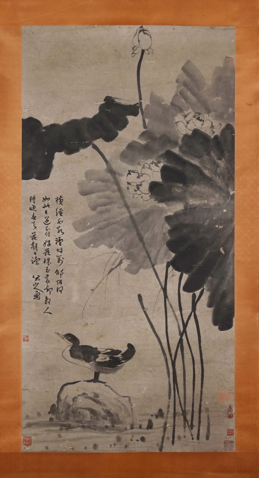 Ancient Chinese Painting Wild Interest of Lotus Pond by Bada Shanren, Vertical Scroll, Exquisitely Mounted, Painting Core Size 137×68CM