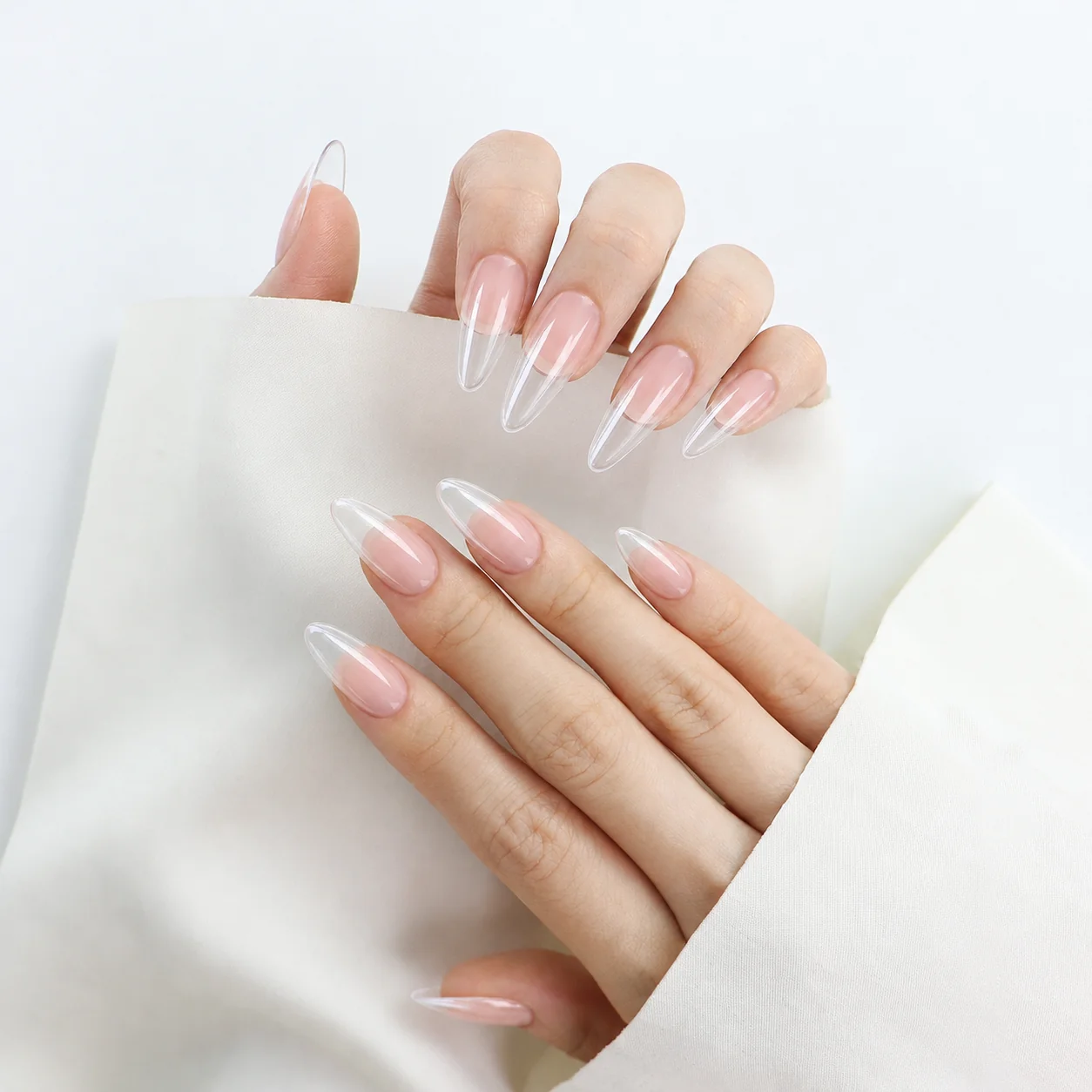 Long Almond Clear Tip Press On Nails Wear Effect