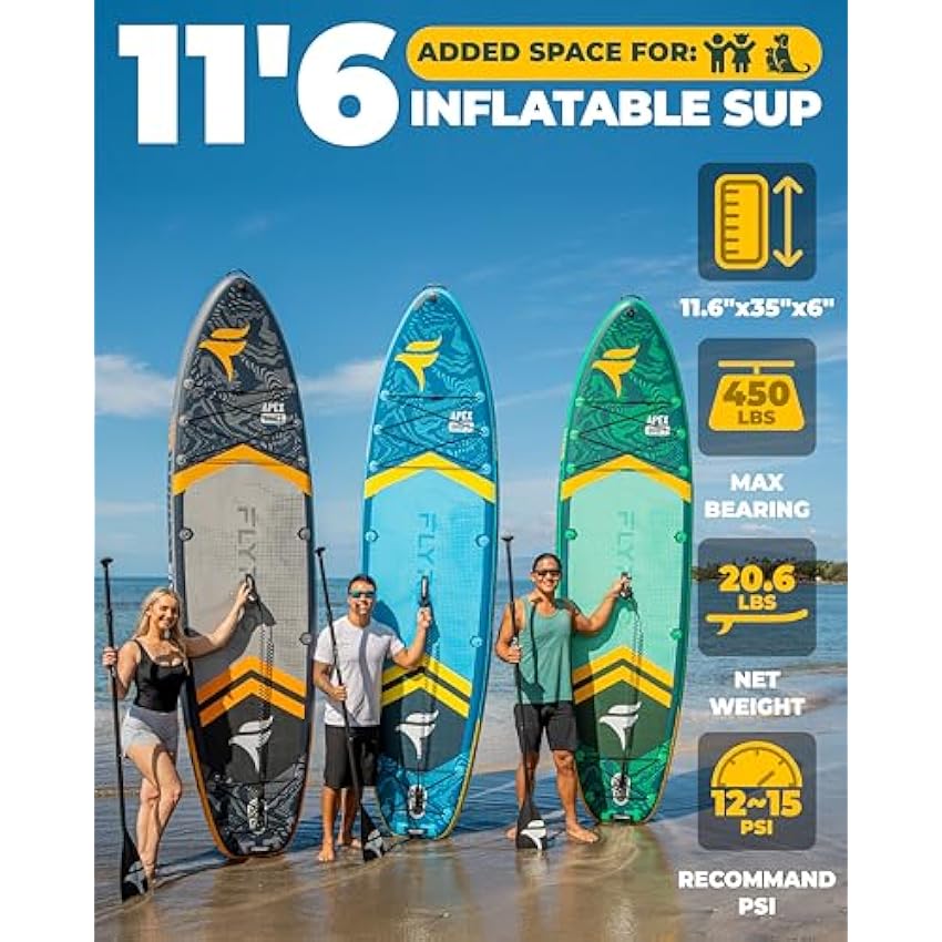 Flyroc 11'6x35'' Extra Wide Inflatable Paddle Board.Stand Up Paddle Board for Adults (x3). Stable Inflatable SUP. All Skill Levels. 3 Handles. 3PCS Paddle. 5L Dry Bag. 100L Backpack