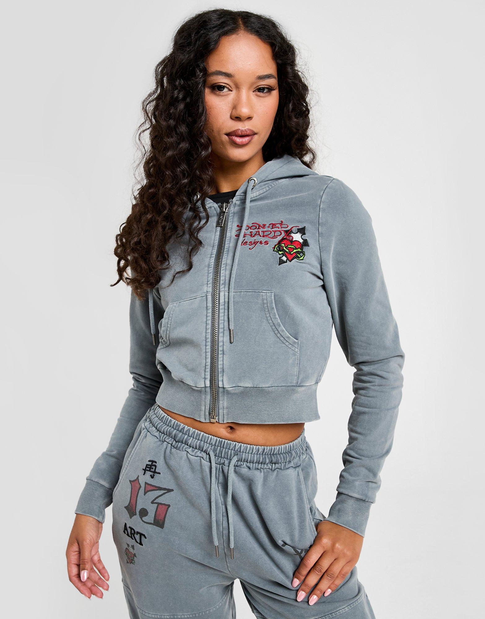 Ed Hardy Flame Tiger Crop Full Zip Hoodie Damen