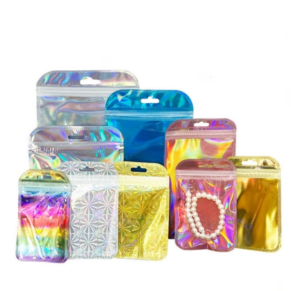 Rainbow Film Flash Laser Self-Sealing Bag, Pink Holographic Jewelry Packaging Bag, Plastic Zip Pouch For Earrings Hair Accessories Makeup Brushes, Cosmetic Gift Packaging Bag Factory Wholesale
