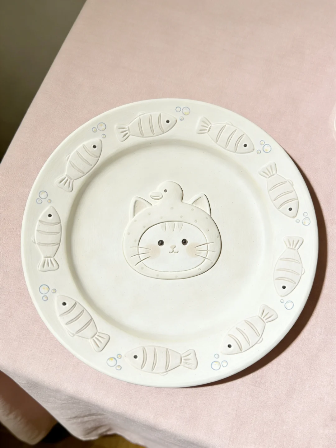 Hand-Painted Duck Hat Cat Ceramic Plate, Cute Cat & Fish Embossed Dinner Plate