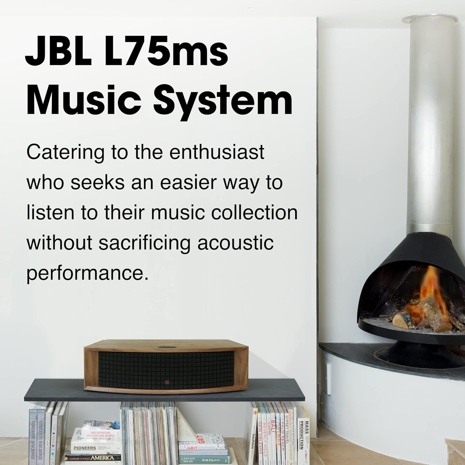 JBL L75ms Music System - Retro-Inspired Walnut Cabinet + Black Quadrex Foam Grille - with Google Chromecast Built-in. Apple AirPlay 2 & Bluetooth