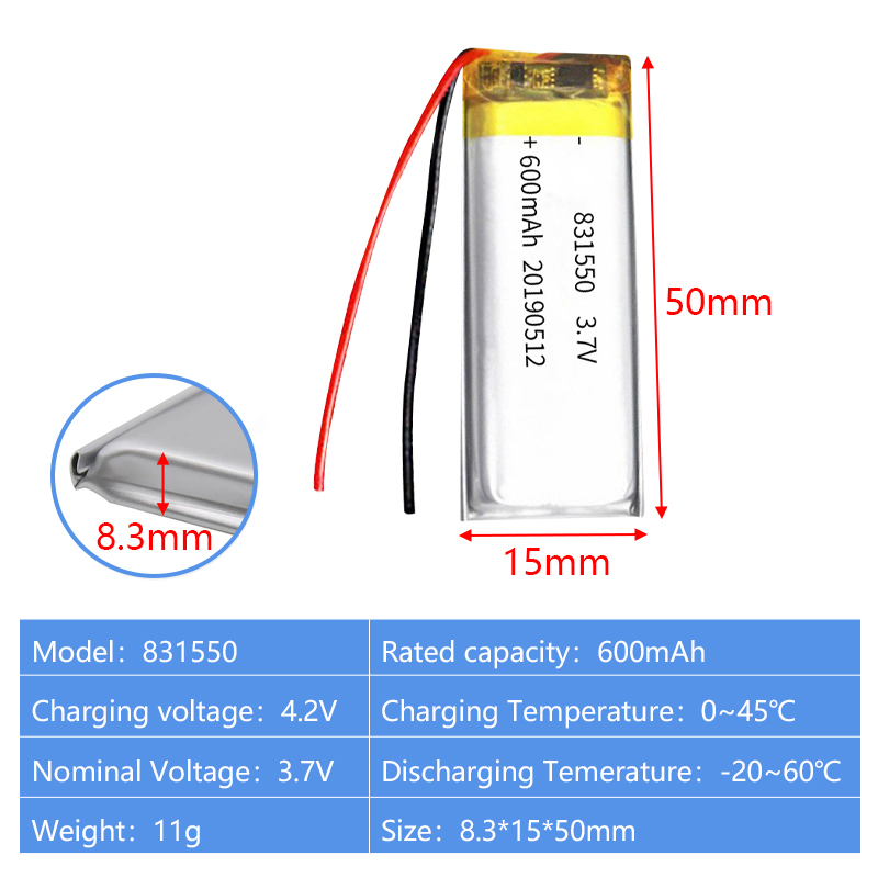 Pouch Lithium Ion Batteries 803450 831550 3.7v 1500mAh 600mAh