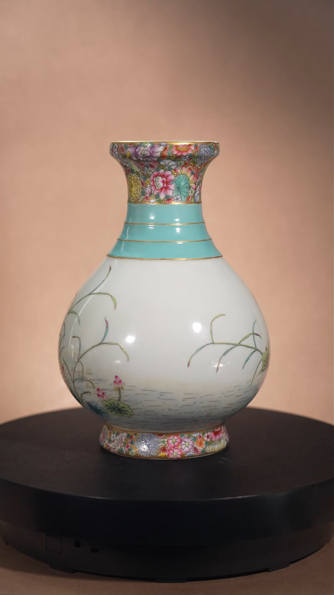 Ancient Chinese Famille Rose Vase with Lotus Pond and Heron Motifs