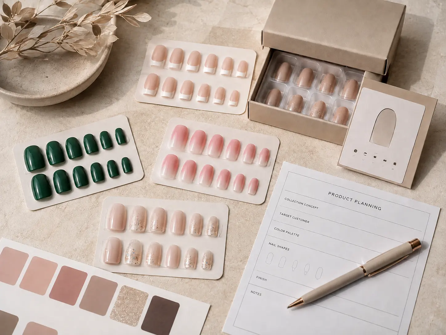 Press on nail assortment planning with sample styles and packaging