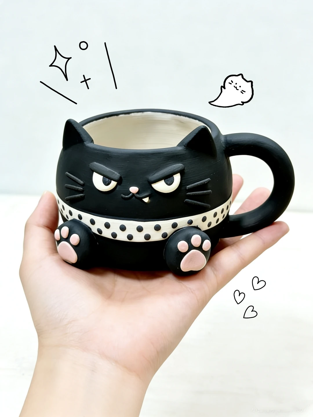 Hand-Painted Grumpy Black Cat Ceramic Mug, 3D Angry Cat Coffee Cup