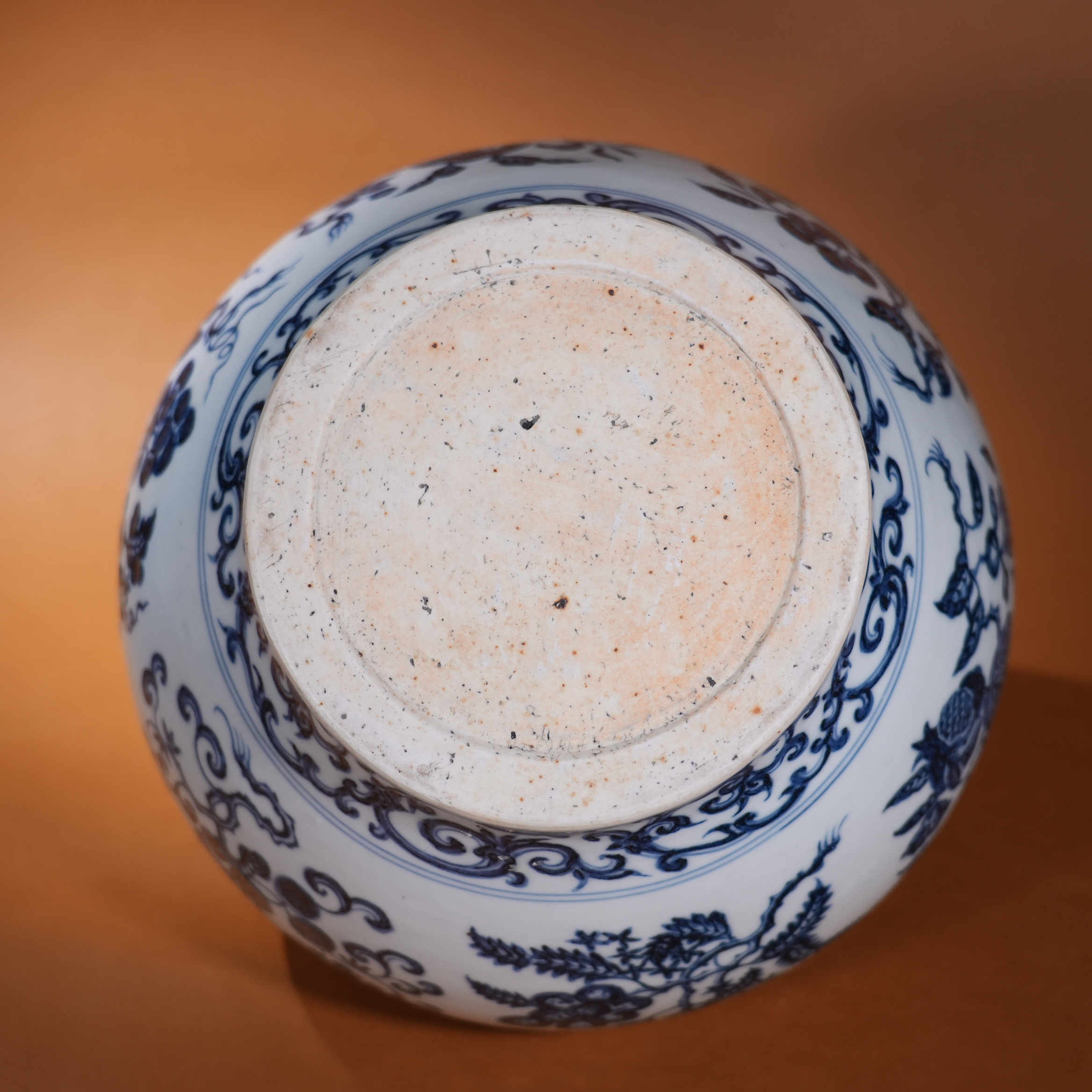Ancient Chinese Blue and White Covered Jar with Branching Fruit and Flower Motifs