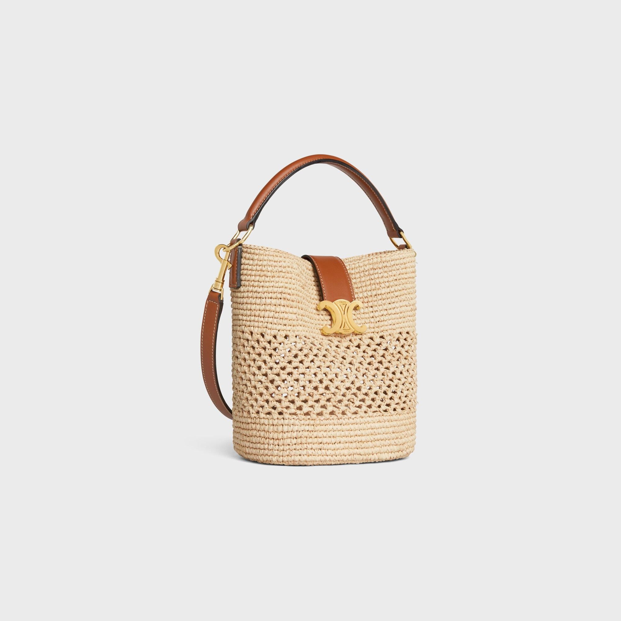 SMALL LOUISE BUCKET IN RAFFIA AND CALFSKIN NATURAL / TAN