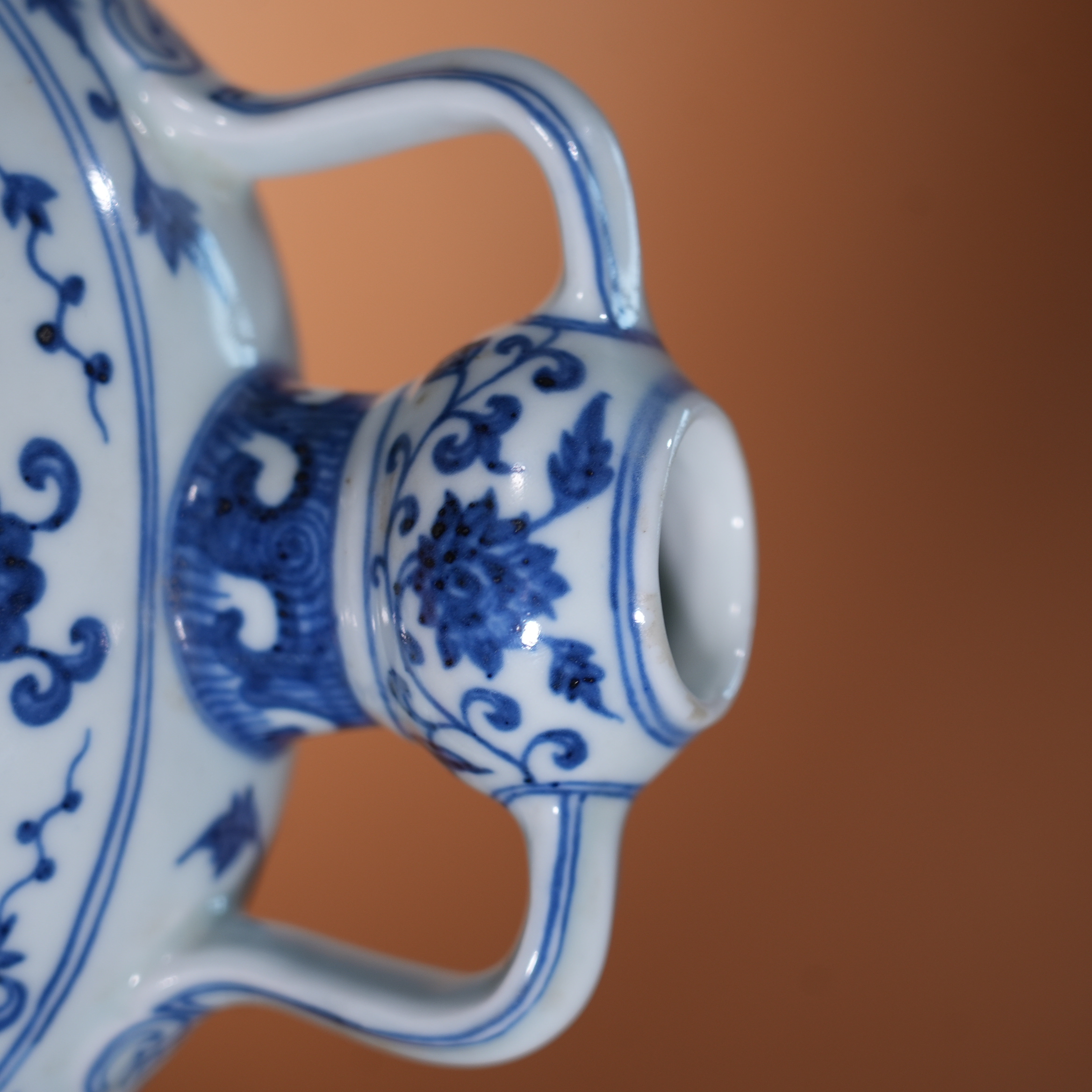 Ancient Chinese Blue and White Moon Flask with Interlocking Floral Motifs