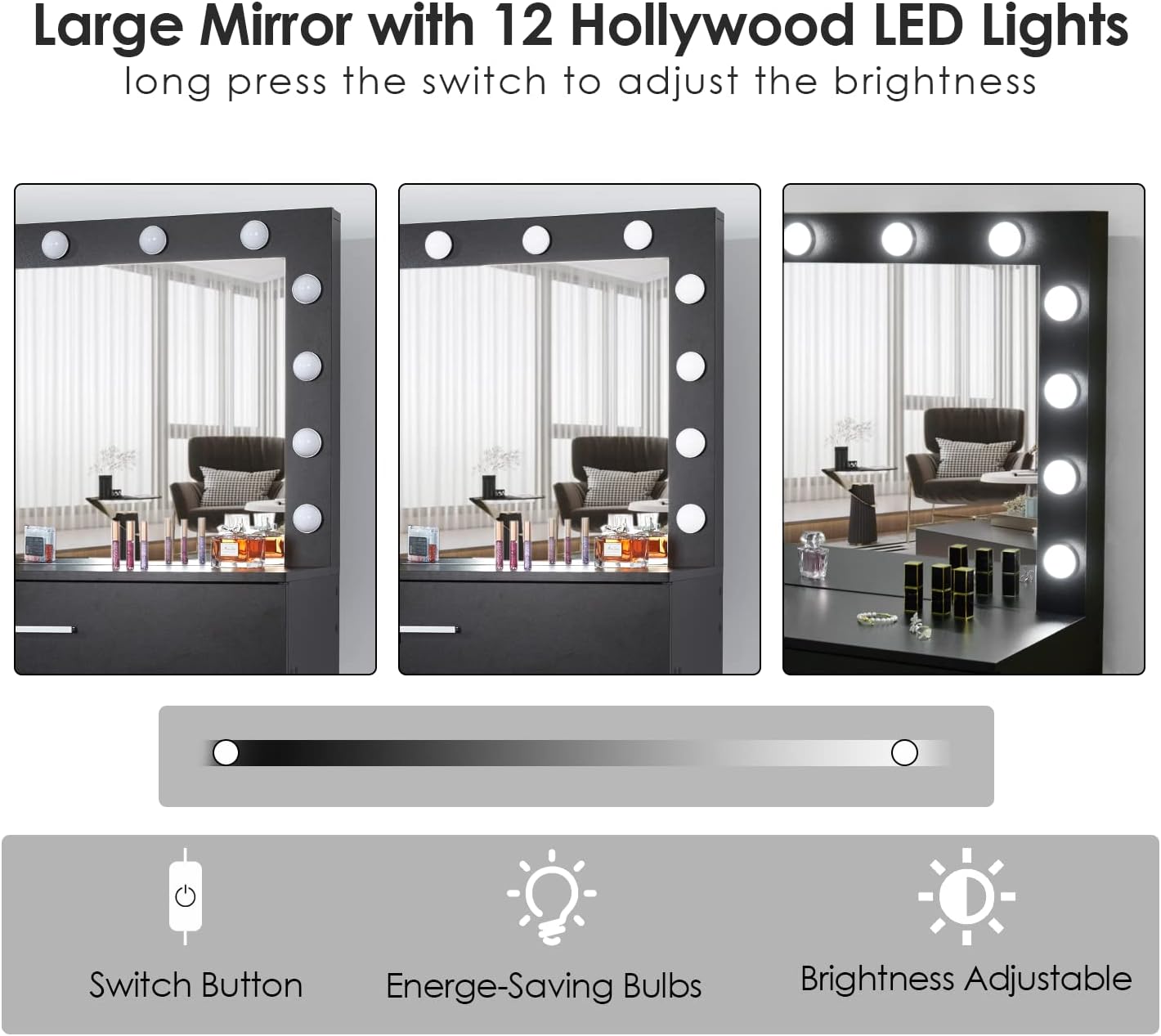 Vanity Table Set with Lighted Mirror. Makeup Vanity Desk for Girls Women. Larger Drawer and Cushioned Stool with Extra Storage Space