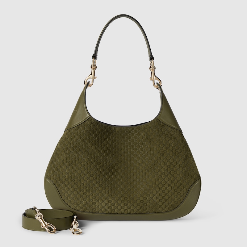 Gucci B medium shoulder bag Dark green micro GG embossed suede