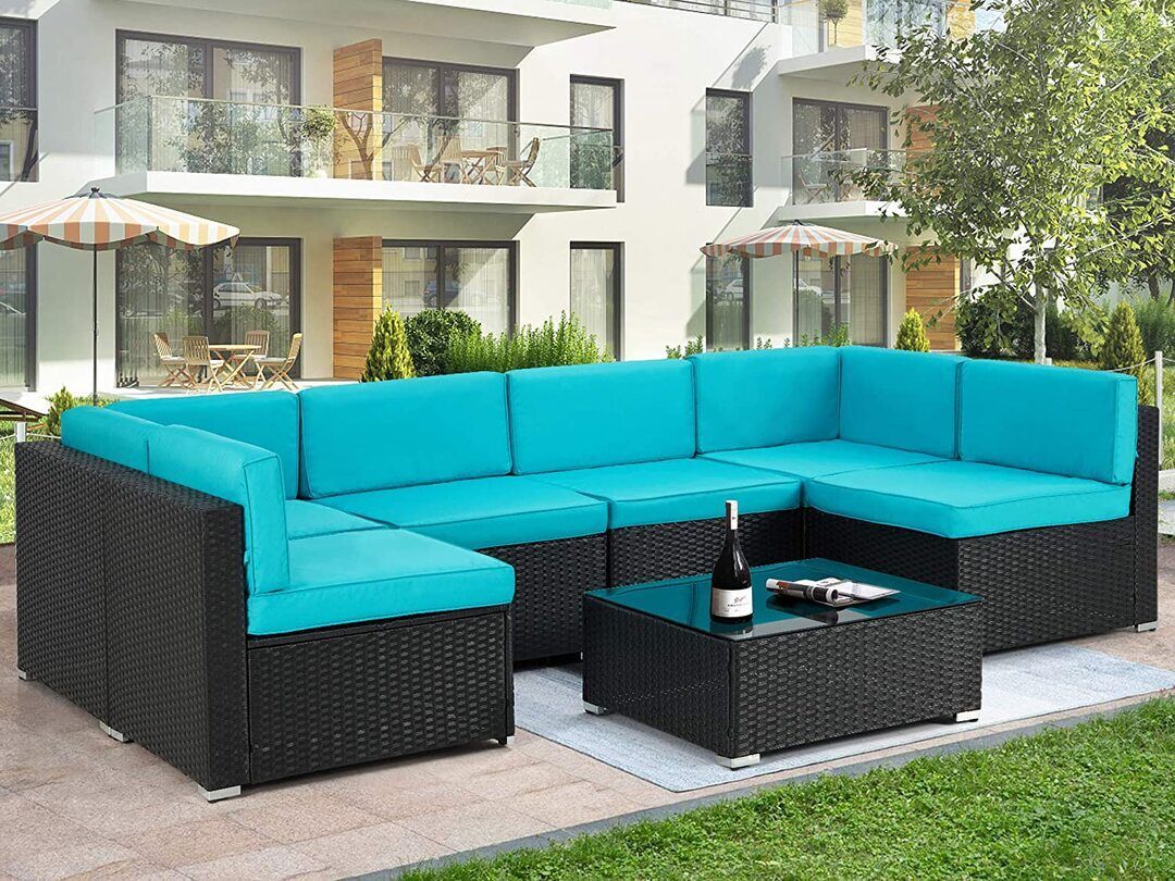 7 Piece Outdoor Patio Furniture Set. PE Rattan Wicker Sofa Set. Outdoor Sectional Furniture Chair Set with Khaki Cushions and Tea Table