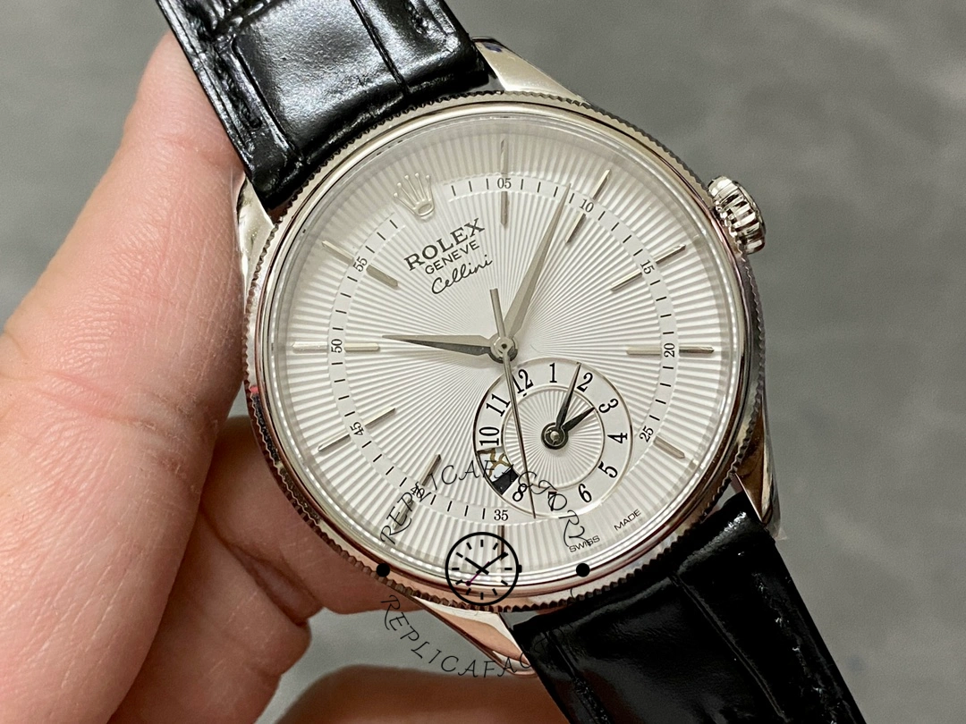 Rolex Cellini Dual Time 50529 Silver Sunburst Dial Black Leather Strap 39mm Mens Replica Watch
