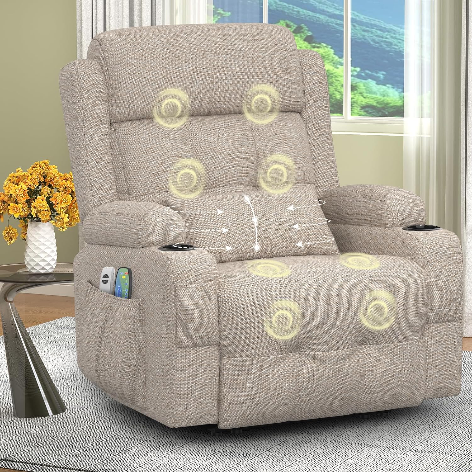 Electric adjustable massage chair with heating function. footstool. 2 side bag drink racks. C-shaped and USB ports. living room TV armchair
