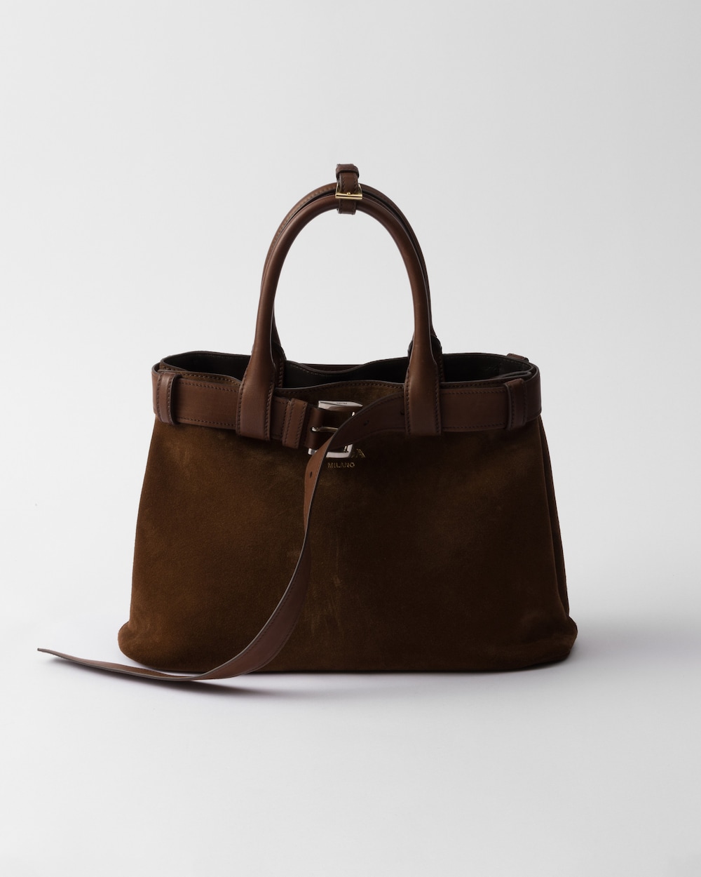 Medium Prada Buckle suede bag with belt Cocoa Brown