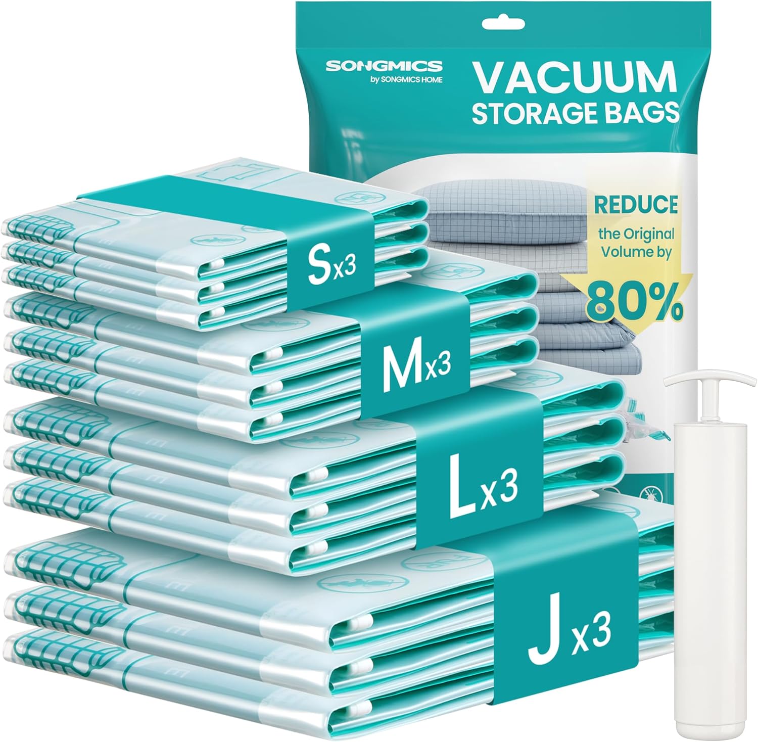 SONGMICS Bolsas de Almacenamiento al Vacío, Bolsa de Almacenaje para Ropa, Sábanas, Armarios y Viaje, Compactas y Reutilizables, Juego de 6, Tamaño J, Transparente LVB103W101