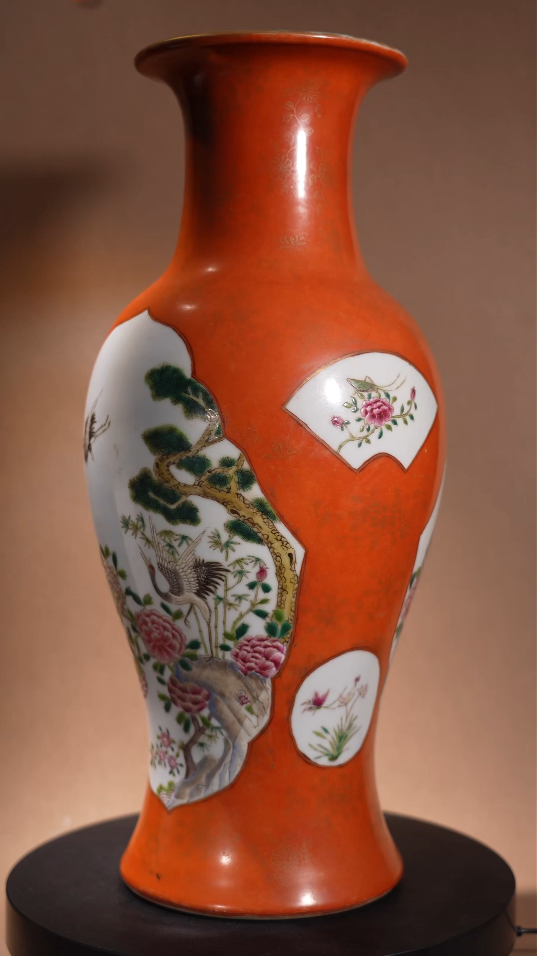 Chinese Coral-Red Ground Guanyin Vase with Gilded Openwork Famille Rose Bird and Flower Motifs