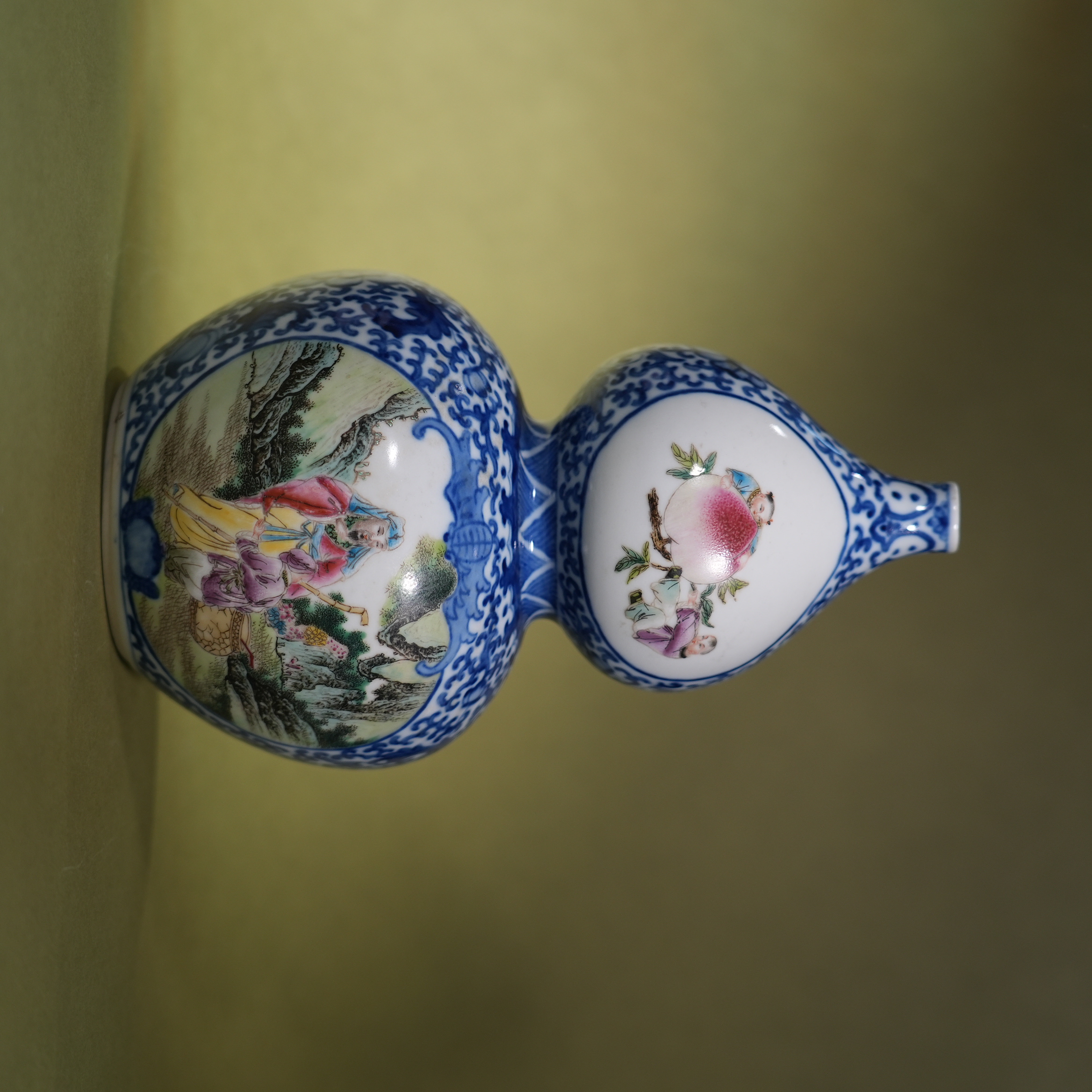 Ancient Chinese Blue and White Famille Rose Figural Gourd Porcelain Vase