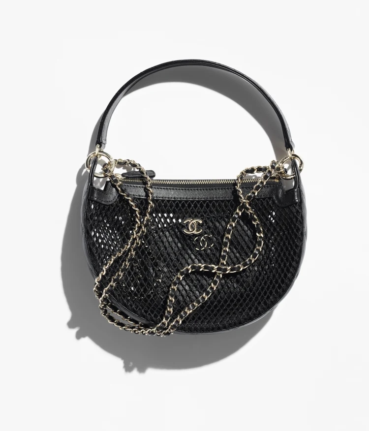 CLUTCH WITH CHAIN Mesh, Shiny Lambskin & Gold-Tone Metal Black