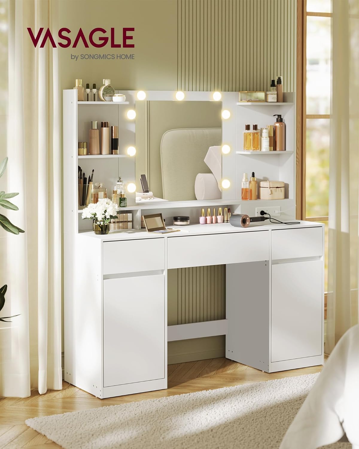 VASAGLE Kailyn Collection - Vanity Desk with Mirror and 9 LED Bulbs. Vanity Makeup Table with Power Outlets. Dressing Table with 2 Cabinets. for Bedroom. Cloud White URDT142WB01S