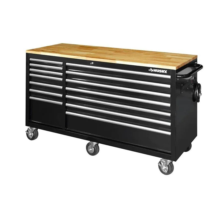 62-inch 14-drawer mobile workbench. solid wood top. black