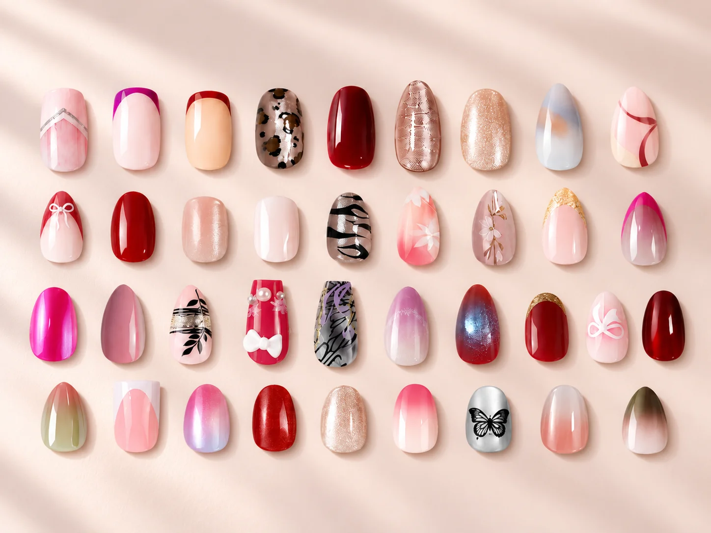 Assorted press-on nail tips showing French styles, gradients, glitter, floral designs and decorative finishes