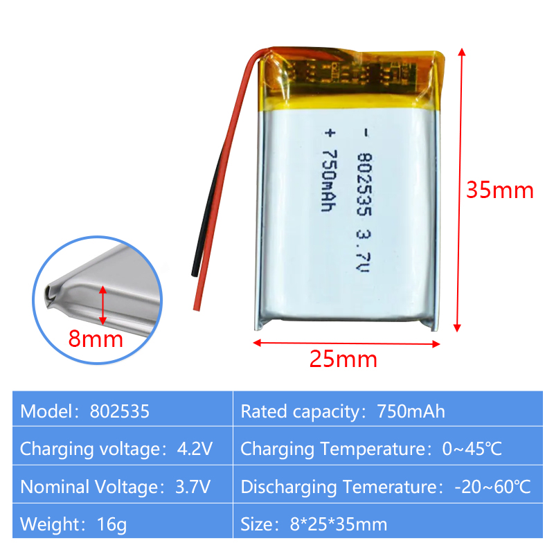 Pouch Lithium Ion Batteries 802050 802530 3.7v 800mAh 600mAh