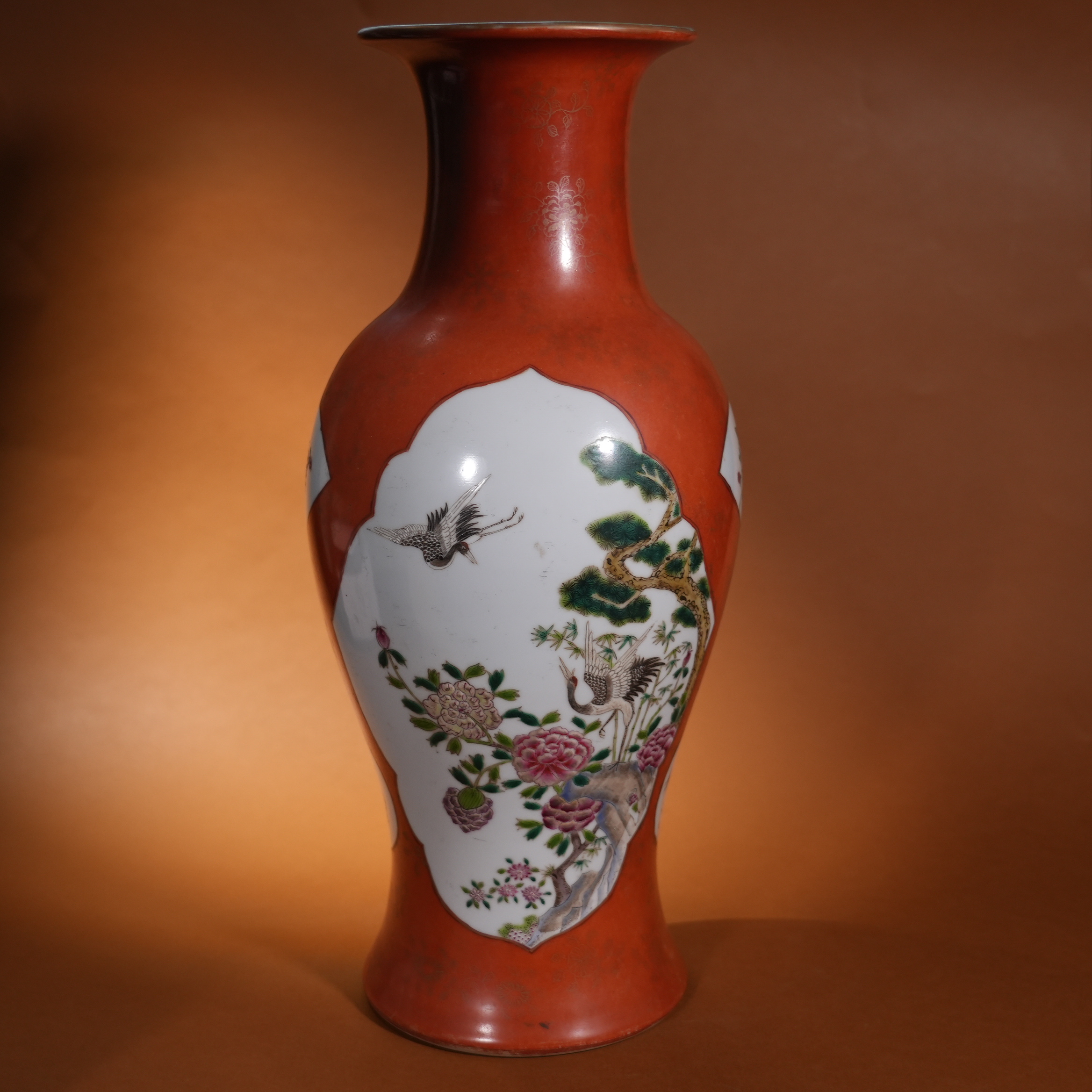 Chinese Coral-Red Ground Guanyin Vase with Gilded Openwork Famille Rose Bird and Flower Motifs