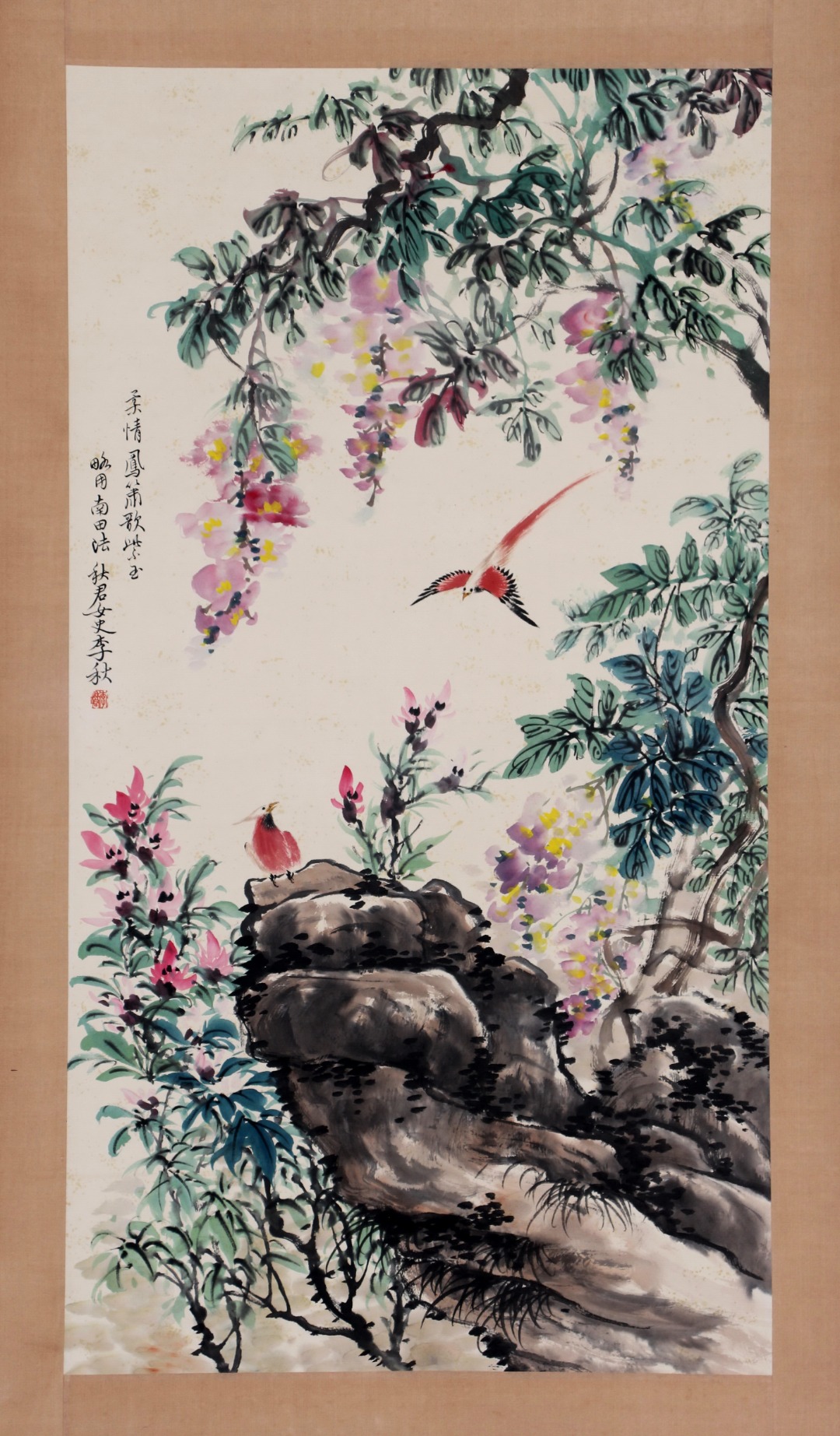 Li Qiujun Chinese Flower and Bird Painting, Vertical Scroll, Exquisitely Mounted, Good Condition, Size 89×48CM