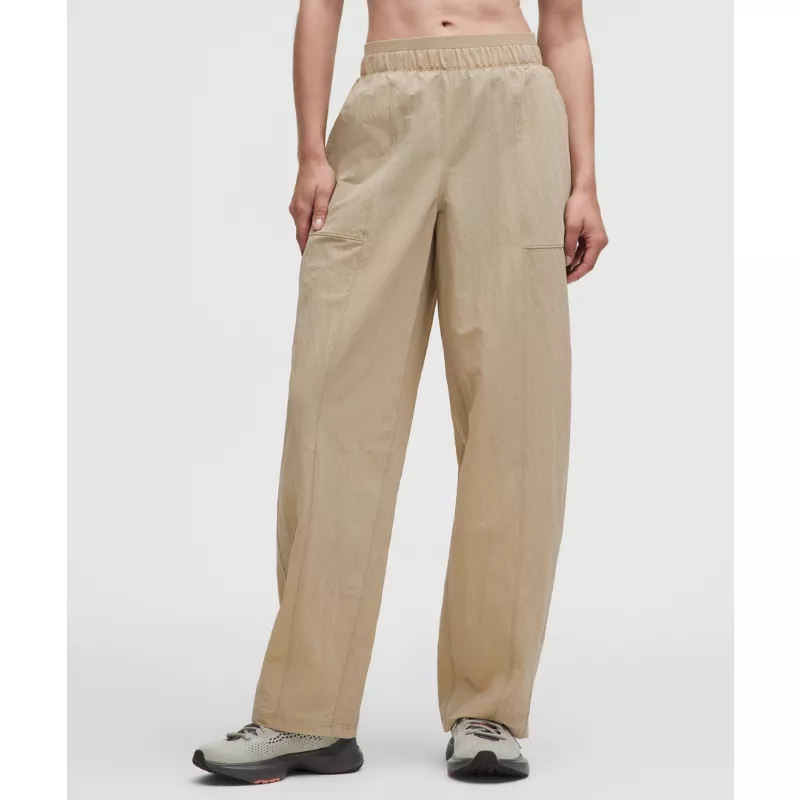 Crinkle Nylon Mid-Rise Barrel-Leg Pant